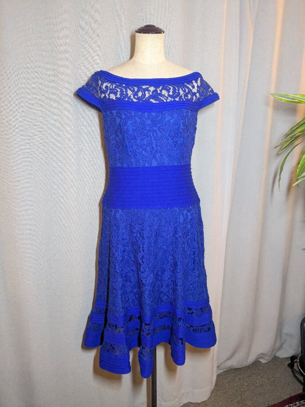 Tadashi Shoji Royal Blue Cocktail Dress Lace Midi Size 6